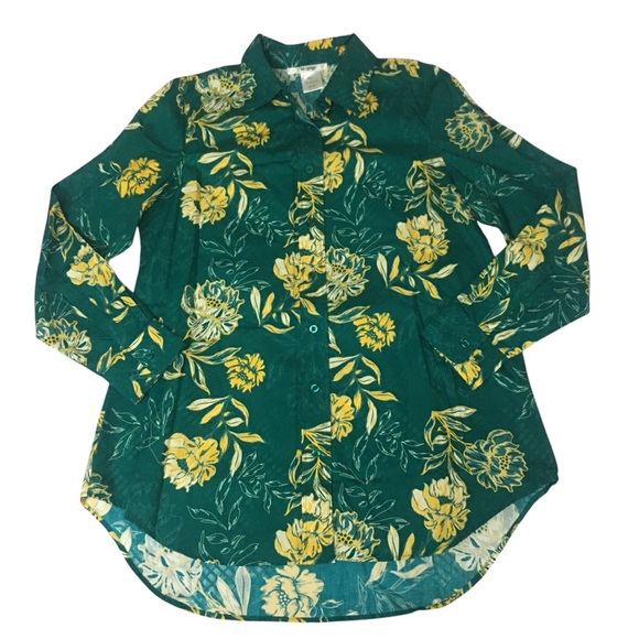 Masseys Tops - Masseys Green Yellow Floral Button Down Tunic Top Shirt - Women’s 12 NWOT